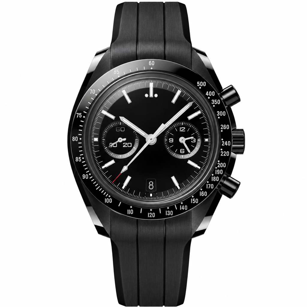 Chronograph sport watch with black dial, black rubber strap, and black case on white background