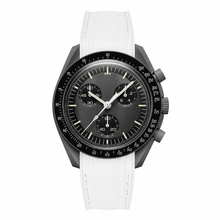 Chronograph Watch with Black Dial and White Leather Strap