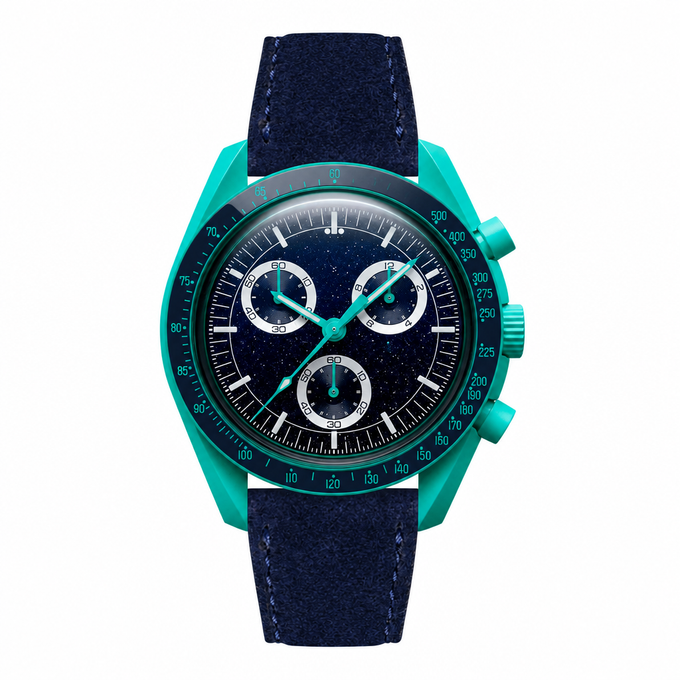 Chronograph Watch with Blue Dial and Dark Blue Suede Strap