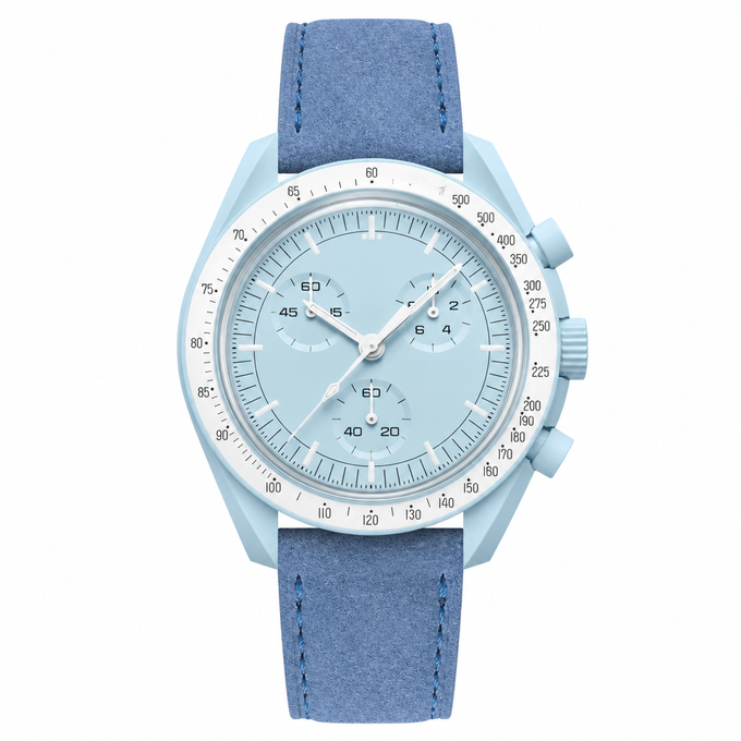 Light Blue Chronograph Watch with Blue Suede Strap