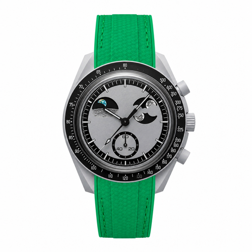 Casual sport watch with silver case, black bezel, textured silver dial, and green rubber strap