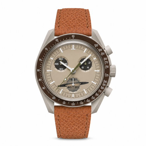 Casual chronograph watch with beige dial and brown leather strap on white background