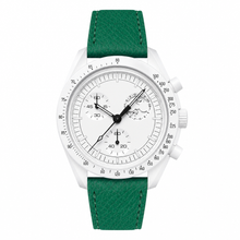 Chronograph Watch White Dial Green Leather Strap
