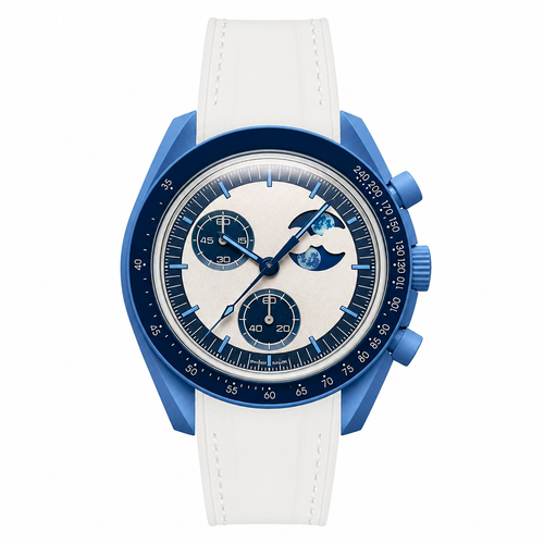 Casual blue case watch with cream dial and white rubber strap