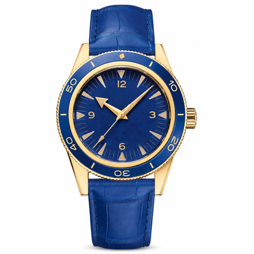 41mm gold-tone case watch with blue dial and leather strap on white background