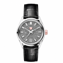 Classic Watch with Textured Silver Dial and Black Leather Strap