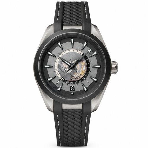 Black and gray dial watch with world map design and black rubber strap