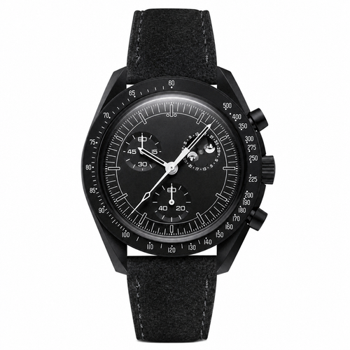 Black chronograph watch with black dial, multiple subdials, moon phase, and black textured leather strap on white background