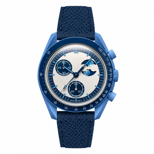 Blue chronograph watch with moonphase and blue leather strap on white background