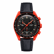 Chronograph Watch with Red Case and Black Leather Strap