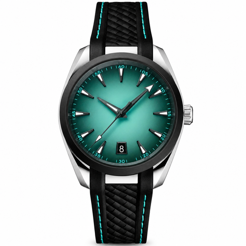 Casual sport watch with turquoise gradient dial and black rubber strap with turquoise stitching, 38mm metal case
