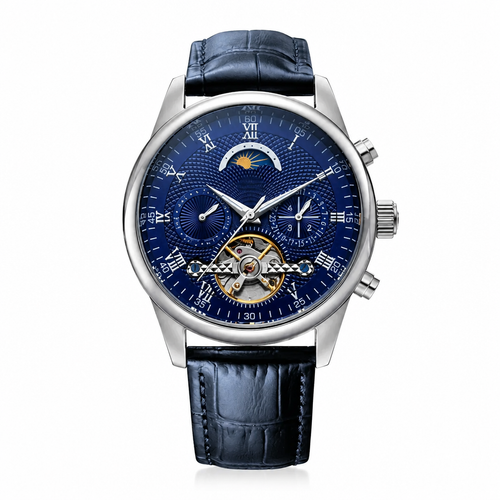 Blue dial dress watch with silver-tone case and blue leather strap