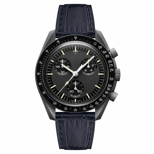 Black chronograph watch with black leather strap product photo