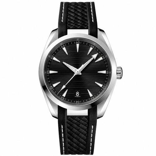Casual watch with black dial and black textured leather-style strap