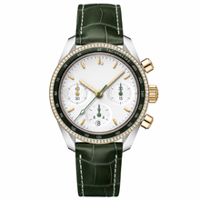 38mm Chronograph Watch with White Dial and Green Leather Strap