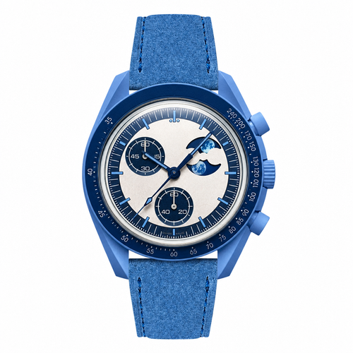Blue moonphase watch with blue suede strap on white background