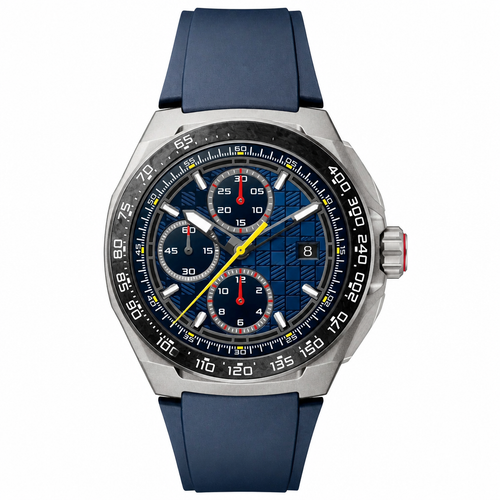 Blue sport chronograph watch with rubber strap on white background