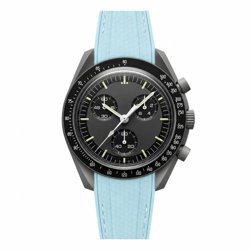 Casual chronograph watch with black dial and light blue rubber strap on white background