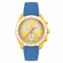Yellow Chronograph Watch with Blue Suede Strap