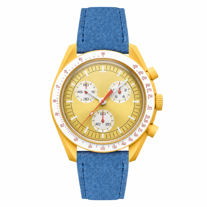 Yellow Chronograph Watch with Blue Suede Strap
