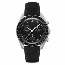 Black Chronograph Watch with Suede Strap