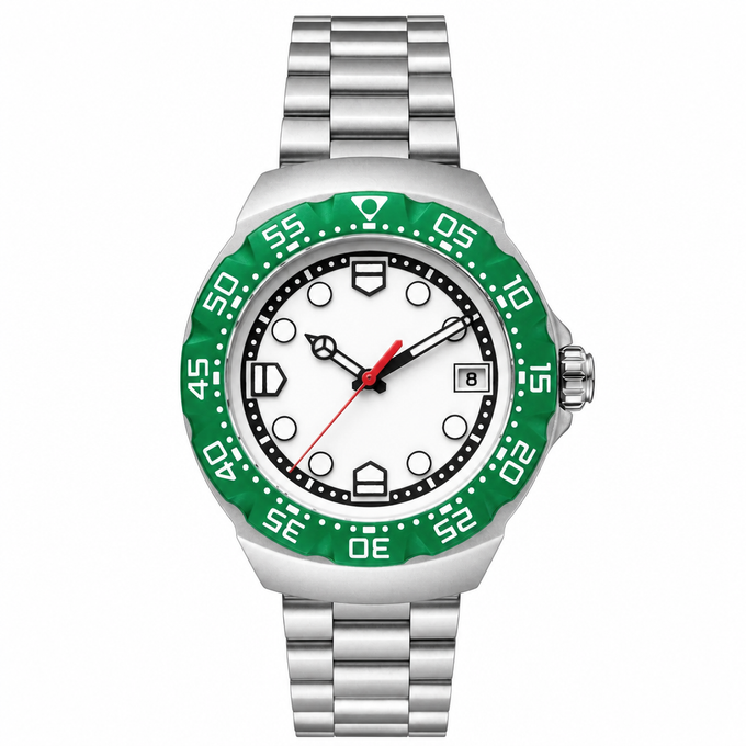 Sport-Casual Watch with White Dial and Green Bezel