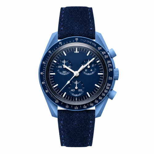 Blue chronograph watch with blue suede strap on white background