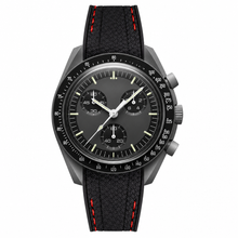 Chronograph Watch with Black Dial and Black Rubber Strap with Red Accents