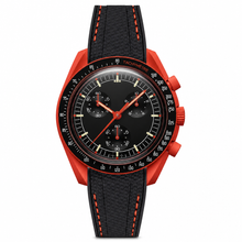 Chronograph Watch with Red Case and Black Rubber Strap