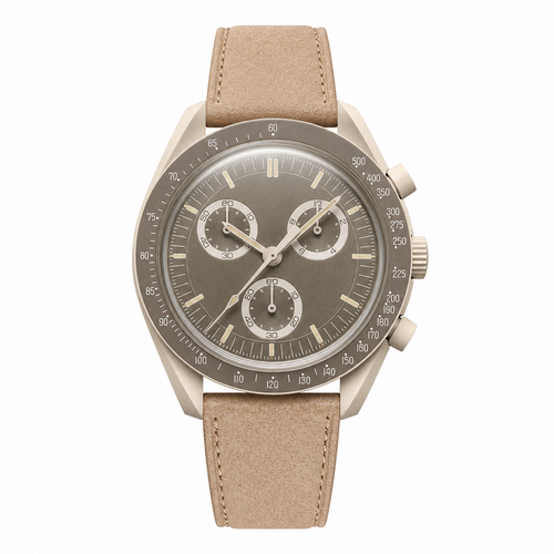 Casual chronograph watch with beige dial and beige suede strap