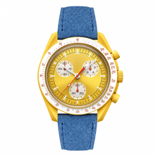 Yellow Chronograph Watch with Blue Suede Strap