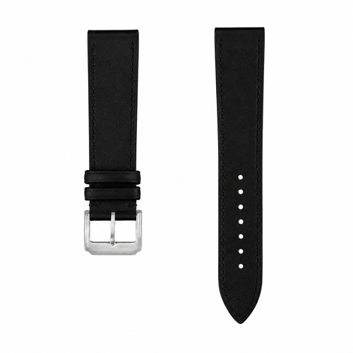 Black leather watch strap with silver buckle on white background