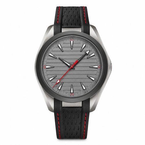 Casual sport watch with gray dial and black rubber strap with red stitching