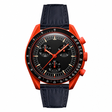 Chronograph Watch with Red Case and Black Leather Strap