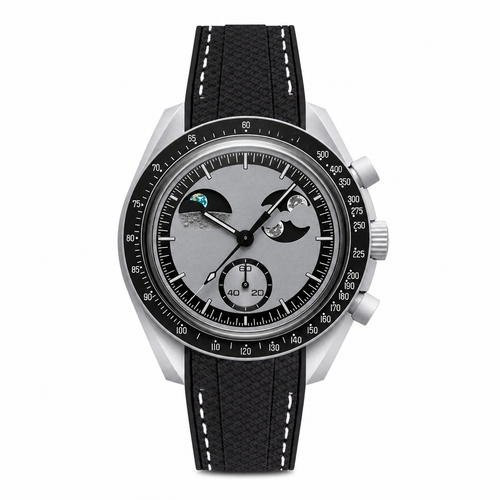 Casual chronograph watch with gray dial and black textile strap with white stitching