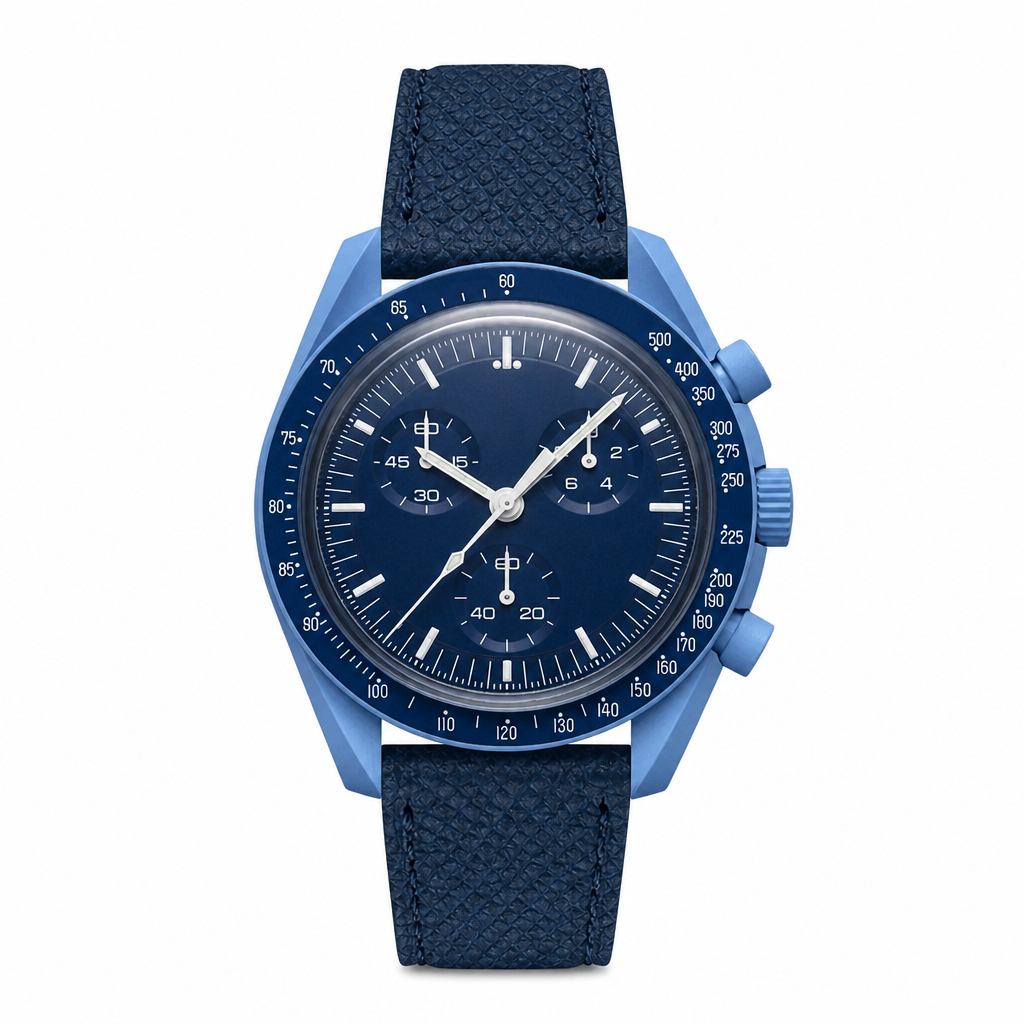 Blue chronograph watch with leather strap on white background